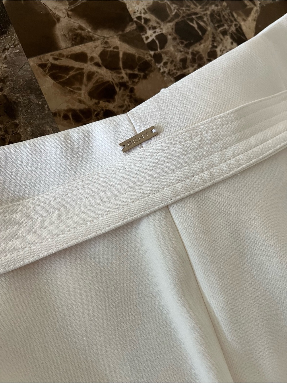 DKNY High-Waist High Drape 
Split-Leg Ivory Pants with Tie Belt - Picture 6 of 12